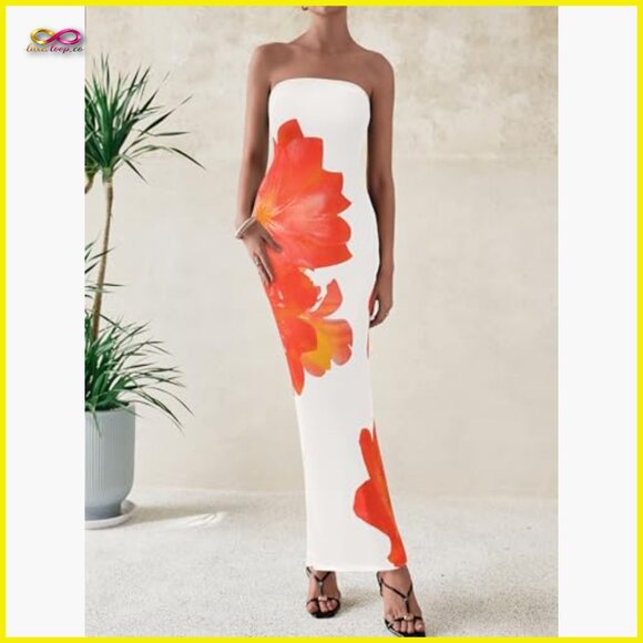 Strapless Maxi Dress Bodycon Formal Elegant Mesh Floral Wedding Guest - Picture 5 of 7